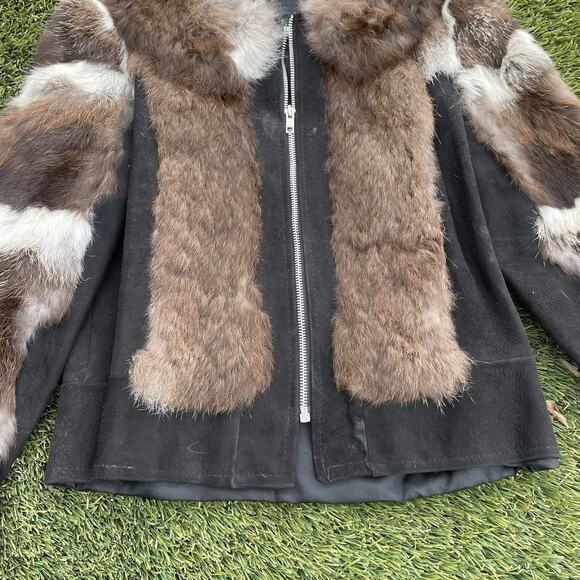 Vintage Rabbit Fur Suede Full Zip Bomber Jacket Womens Small Genuine Fur Coat - Picture 3 of 9